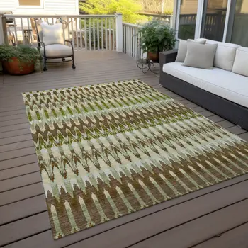 9' X 12' Artichoke Green And Brown Southwestern Washable Indoor Outdoor Area Rug