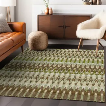 9' X 12' Artichoke Green And Brown Southwestern Washable Indoor Outdoor Area Rug