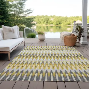 9' X 12' Gold Beige And Gray Southwestern Washable Indoor Outdoor Area Rug