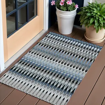 3' X 5' Gray Charcoal And Silver Southwestern Washable Indoor Outdoor Area Rug