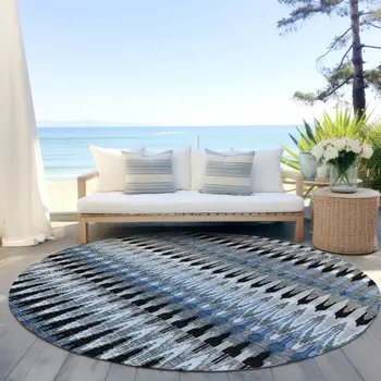 8' Gray Charcoal And Silver Round Southwestern Washable Indoor Outdoor Area Rug