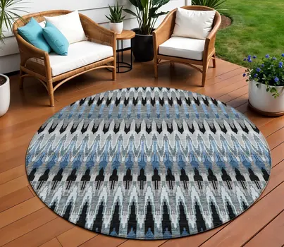 8' Gray Charcoal And Silver Round Southwestern Washable Indoor Outdoor Area Rug