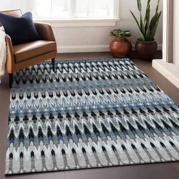 8' X 10' Gray Charcoal And Silver Southwestern Washable Indoor Outdoor Area Rug