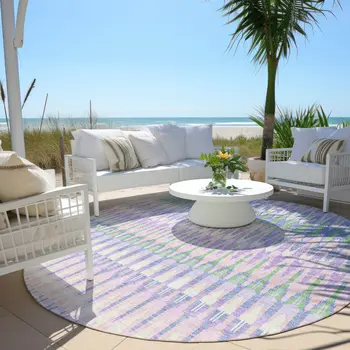 8' Lavender Pink And Lime Green Round Southwestern Washable Indoor Outdoor Area Rug