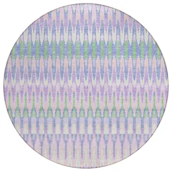 8' Lavender Pink And Lime Green Round Southwestern Washable Indoor Outdoor Area Rug