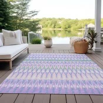 9' X 12' Lavender Pink And Lime Green Southwestern Washable Indoor Outdoor Area Rug