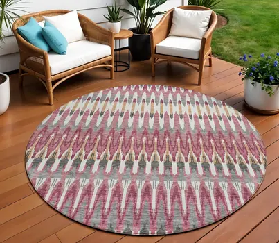 8' Mauve Merlot And Ivory Round Southwestern Washable Indoor Outdoor Area Rug