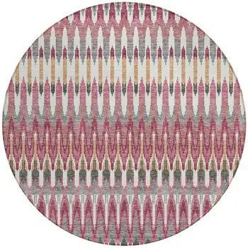 8' Mauve Merlot And Ivory Round Southwestern Washable Indoor Outdoor Area Rug