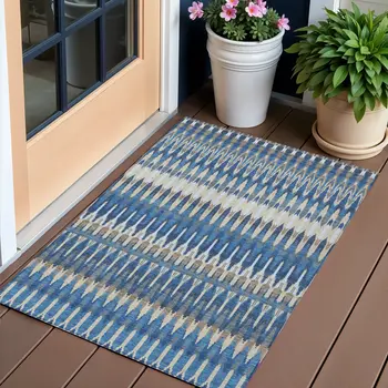 3' X 5' Navy Blue Denim Blue And Ivory Southwestern Washable Indoor Outdoor Area Rug