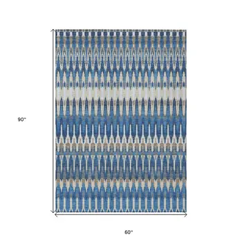 5' X 8' Navy Blue Denim Blue And Ivory Southwestern Washable Indoor Outdoor Area Rug