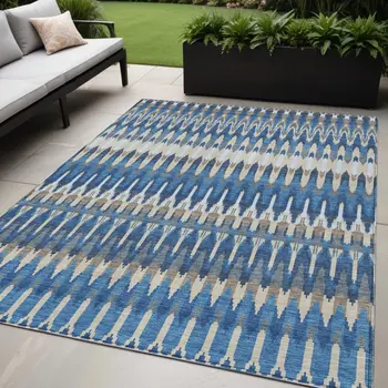 5' X 8' Navy Blue Denim Blue And Ivory Southwestern Washable Indoor Outdoor Area Rug