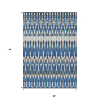 9' X 12' Navy Blue Denim Blue And Ivory Southwestern Washable Indoor Outdoor Area Rug