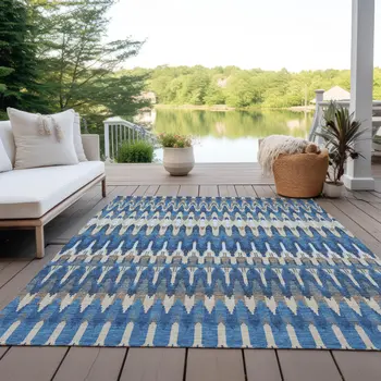 9' X 12' Navy Blue Denim Blue And Ivory Southwestern Washable Indoor Outdoor Area Rug
