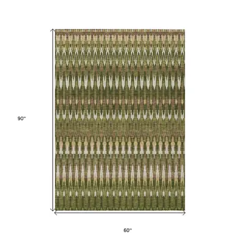 5' X 8' Olive Green Brown And Gold Southwestern Washable Indoor Outdoor Area Rug