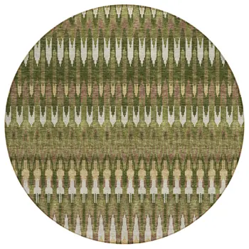 8' Olive Green Brown And Gold Round Southwestern Washable Indoor Outdoor Area Rug