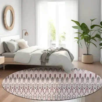 8' Pink Blush And Gray Round Southwestern Washable Indoor Outdoor Area Rug