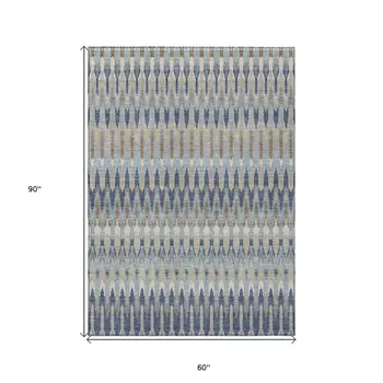 5' X 8' Taupe Navy Blue And Denim Blue Southwestern Washable Indoor Outdoor Area Rug