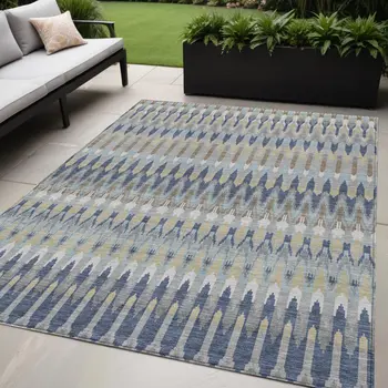 5' X 8' Taupe Navy Blue And Denim Blue Southwestern Washable Indoor Outdoor Area Rug