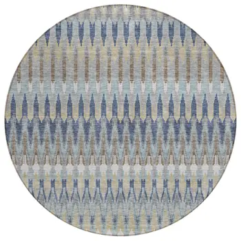 8' Taupe Navy Blue And Denim Blue Round Southwestern Washable Indoor Outdoor Area Rug