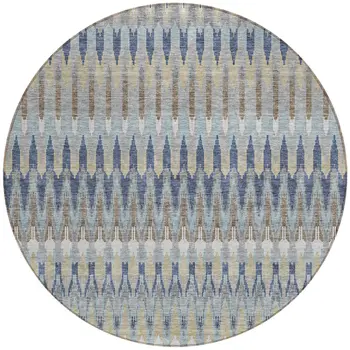 8' Taupe Navy Blue And Denim Blue Round Southwestern Washable Indoor Outdoor Area Rug