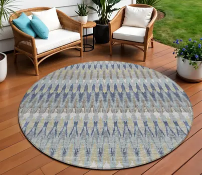 8' Taupe Navy Blue And Denim Blue Round Southwestern Washable Indoor Outdoor Area Rug