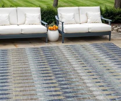 9' X 12' Taupe Navy Blue And Denim Blue Southwestern Washable Indoor Outdoor Area Rug