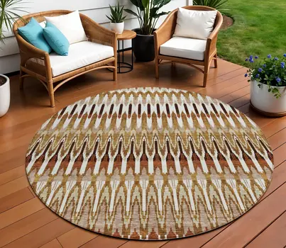 8' Terra Cotta Beige And Red Round Southwestern Washable Indoor Outdoor Area Rug