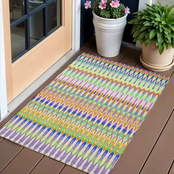 3' X 5' White Blue And Pink Southwestern Washable Indoor Outdoor Area Rug