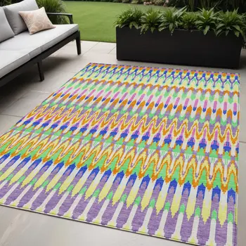 5' X 8' White Blue And Pink Southwestern Washable Indoor Outdoor Area Rug