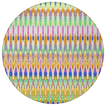 8' White Blue And Pink Round Southwestern Washable Indoor Outdoor Area Rug