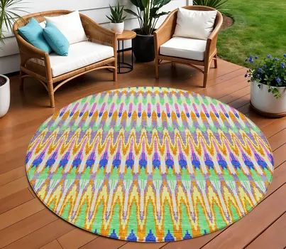 8' White Blue And Pink Round Southwestern Washable Indoor Outdoor Area Rug