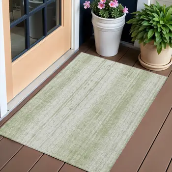 3' X 5' Artichoke Green And Ivory Striped Washable Indoor Outdoor Area Rug