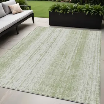 5' X 8' Artichoke Green And Ivory Striped Washable Indoor Outdoor Area Rug