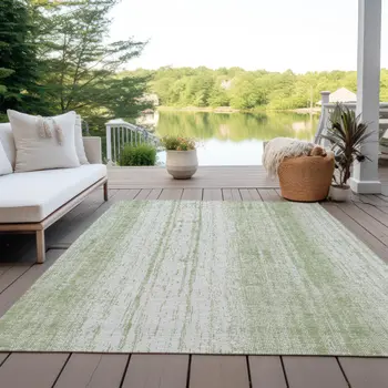 5' X 8' Artichoke Green And Ivory Striped Washable Indoor Outdoor Area Rug