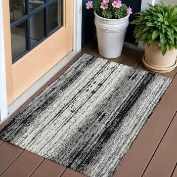 3' X 5' Black And Ivory Striped Washable Indoor Outdoor Area Rug