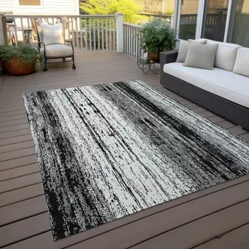 3' X 5' Black And Ivory Striped Washable Indoor Outdoor Area Rug