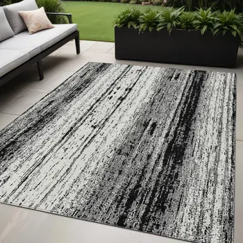 5' X 8' Black And Ivory Striped Washable Indoor Outdoor Area Rug