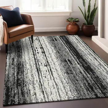 5' X 8' Black And Ivory Striped Washable Indoor Outdoor Area Rug