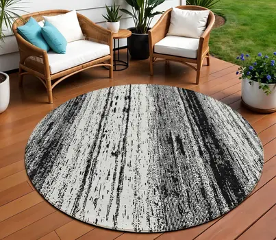 8' Black And Ivory Round Striped Washable Indoor Outdoor Area Rug