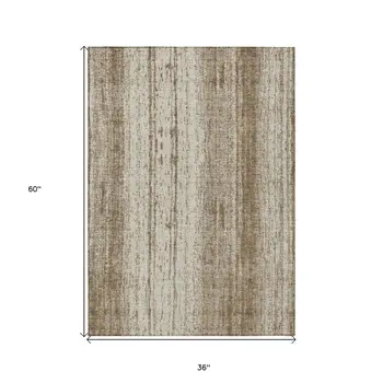 3' X 5' Brown And Ivory Striped Washable Indoor Outdoor Area Rug