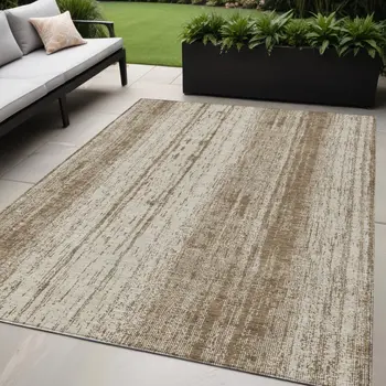 5' X 8' Brown And Ivory Striped Washable Indoor Outdoor Area Rug