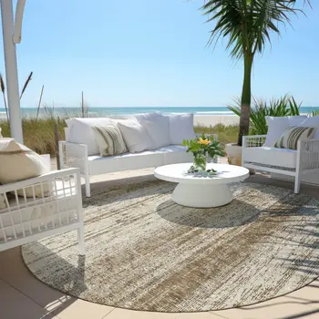 8' Brown And Ivory Round Striped Washable Indoor Outdoor Area Rug