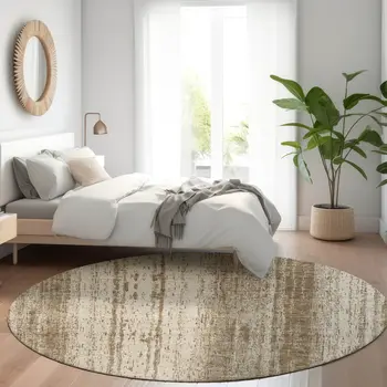 8' Brown And Ivory Round Striped Washable Indoor Outdoor Area Rug