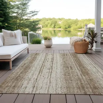 8' X 10' Brown And Ivory Striped Washable Indoor Outdoor Area Rug