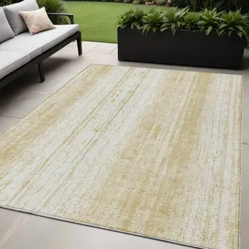 5' X 8' Gold And Ivory Striped Washable Indoor Outdoor Area Rug