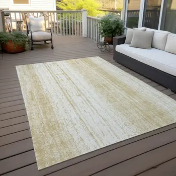 9' X 12' Gold And Ivory Striped Washable Indoor Outdoor Area Rug