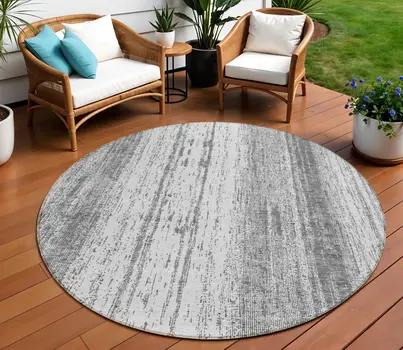 8' Gray And Ivory Round Striped Washable Indoor Outdoor Area Rug