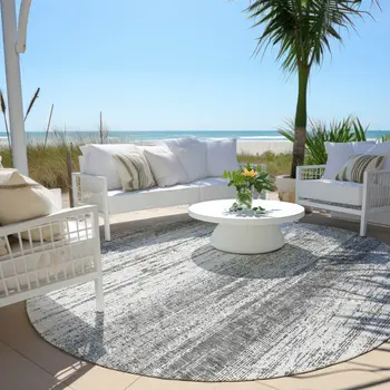 8' Gray And Ivory Round Striped Washable Indoor Outdoor Area Rug