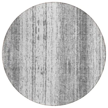 8' Gray And Ivory Round Striped Washable Indoor Outdoor Area Rug
