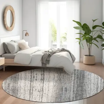 8' Gray And Ivory Round Striped Washable Indoor Outdoor Area Rug